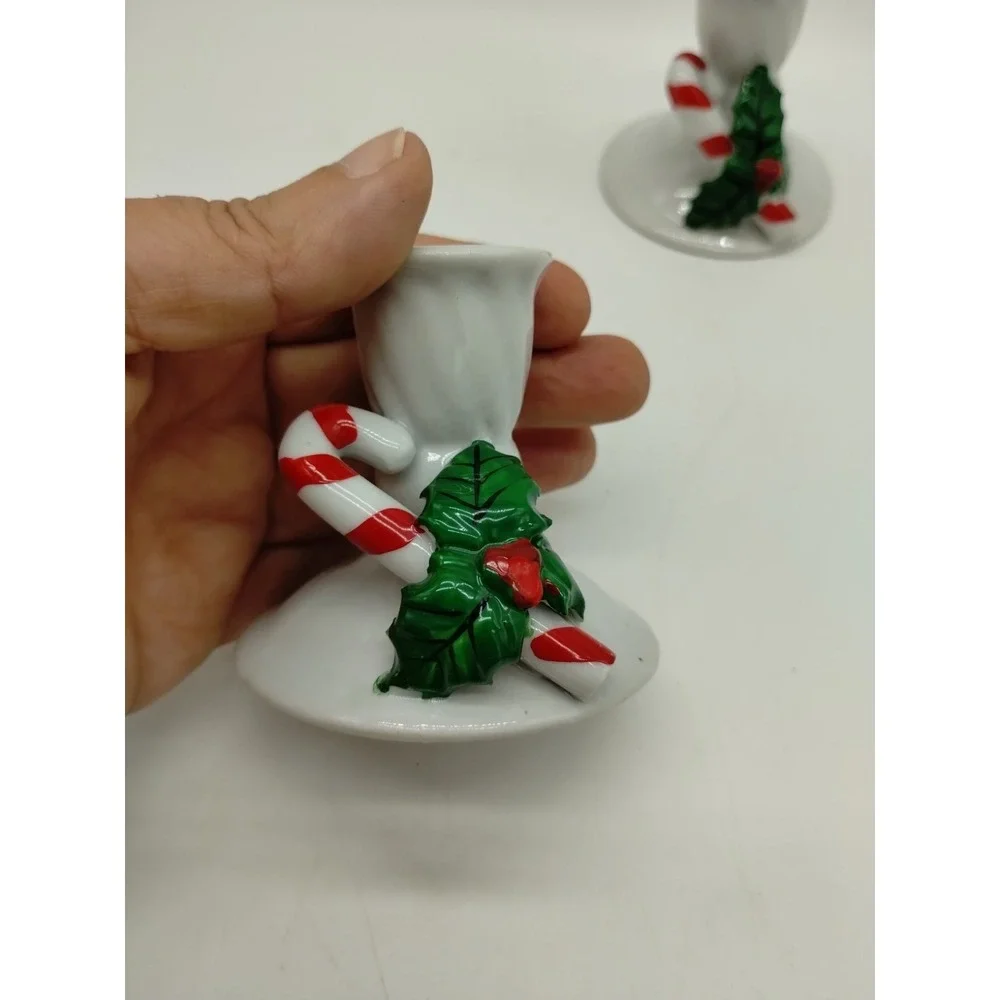 Set Of 2 Christmas Candlesticks Candy Cane Mistletoe White 2.5
